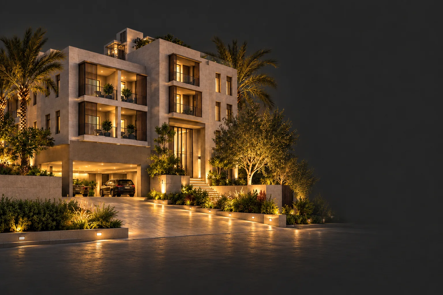 تصوّر معماري توضيحي لمبنى سكني ومرافق مشتركة